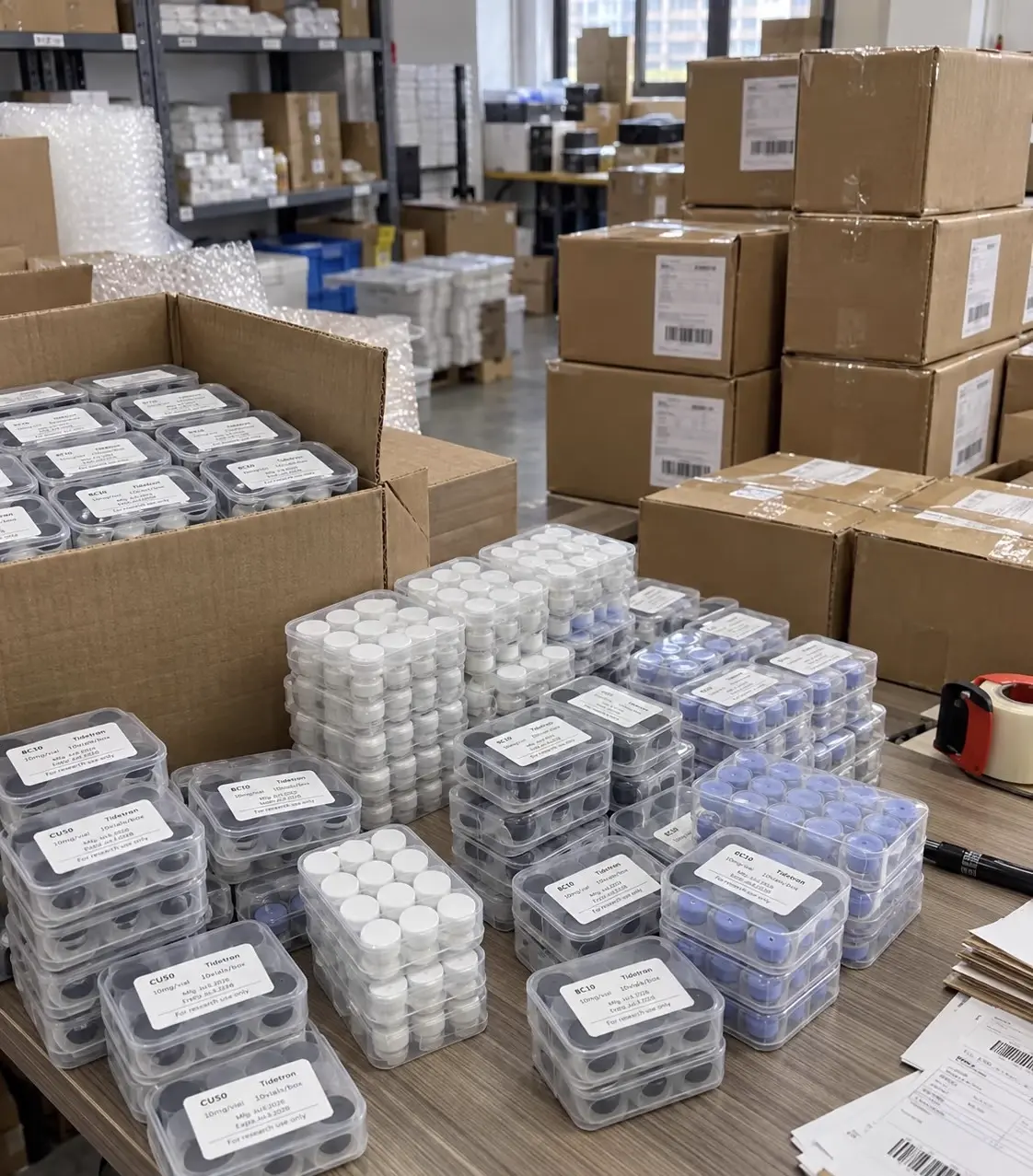 Packed RedcoBio parcels ready for DDP dispatch